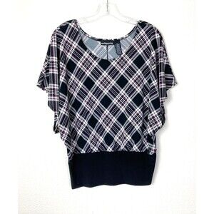 Sixteen Women's Stretchy Pullover Top Size L Black Purple Plaid Short Sleeve